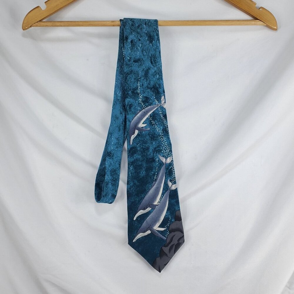 World Wildlife Fund Men's Blue Designer Tie Silk Humpback Whale Print (C-6) - Picture 1 of 10